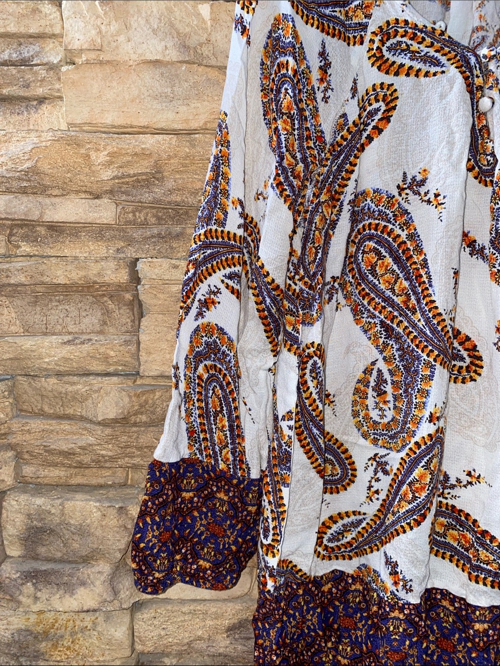 Lucky Brand White and Orange Paisley Print Long Sleeve Boho Blouse Medium - Picture 3 of 12